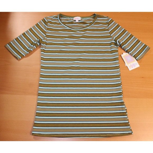 Womens Lularoe Gigi Short Sleeve SS Shirt Top XS Beige Teal Striped NWT - Picture 1 of 5
